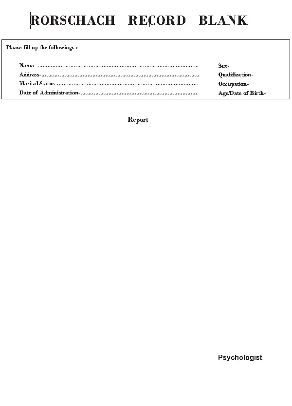 Rorschach Ink Blot Test Record Blanks (Pack of 50)
